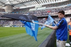 MILAN, ITALY - MAY 19: Flag Bearers before kick off at the Serie A TIM match between FC Internazionale and SS Lazio at Stadio Giuseppe Meazza on May 19, 2024 in Milan, Italy. (Photo by FC Internazionale/Inter via Getty Images)